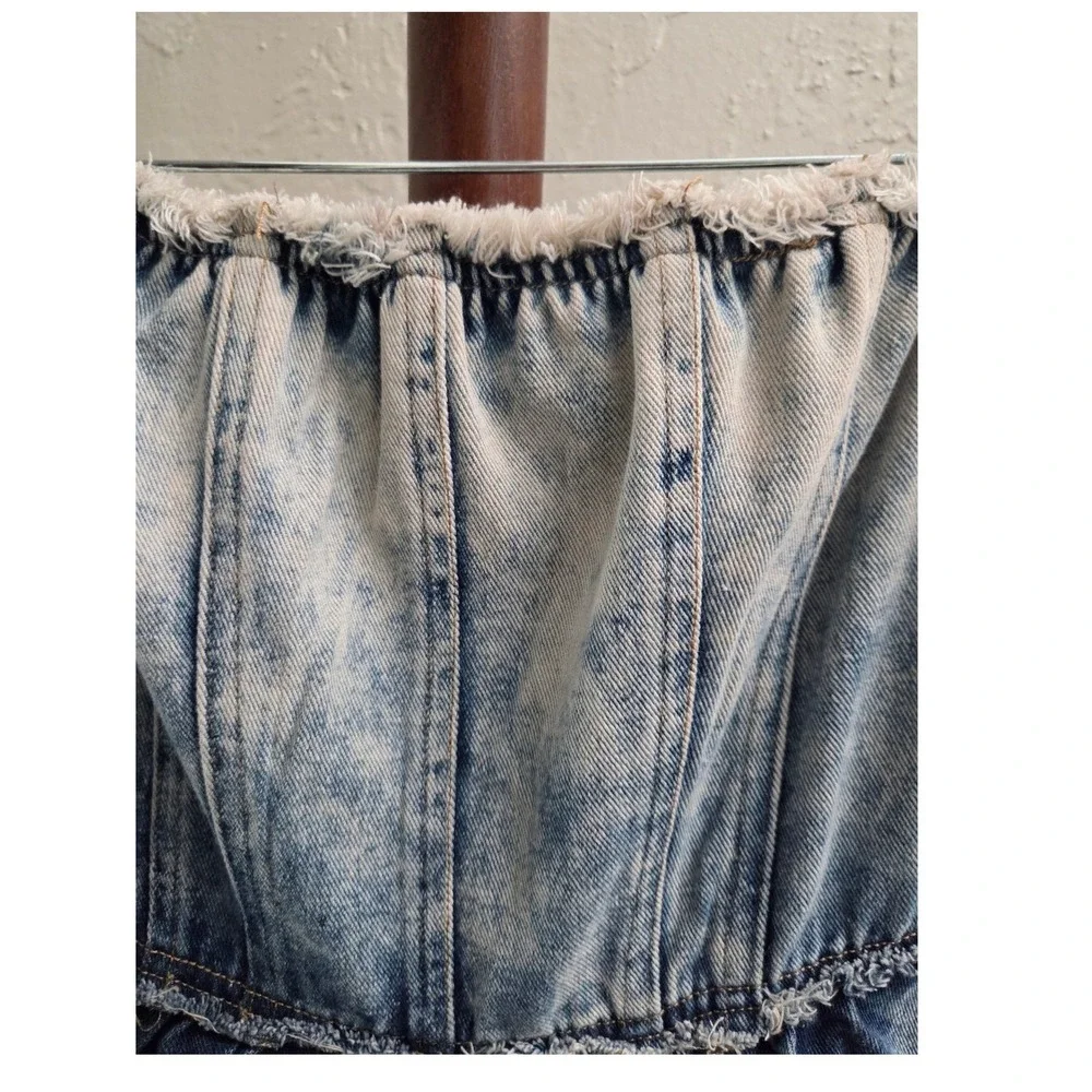 D182. Acid‎ Wash Tiered Denim Strapless Smocked Dress